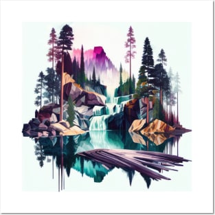 Colorful Mountain Forest Waterfall Posters and Art